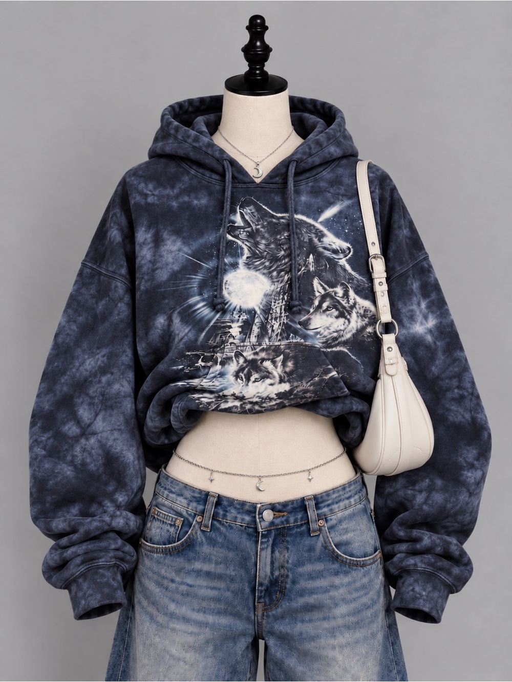 Tie-Dye Wolf Graphic Hoodie - Navy/Gray
